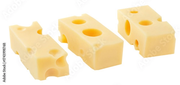 Fototapeta Flying Emmental cheese   cube isolated on white background. Levitating  maasdam cheese piece. Top view. Flat lay 