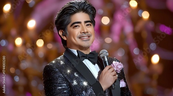 Fototapeta A man in a black suit and tie is holding a microphone