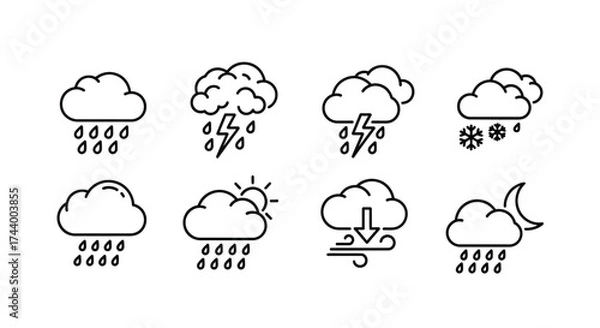 Obraz Collection of hand-drawn weather icons featuring clouds rain thunder snow sun wind and moon elements vector