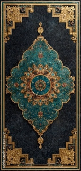 Fototapeta A blue and gold carpet with a gold border