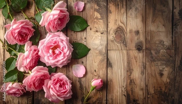 Fototapeta Beautiful pink roses on rustic wooden background, perfect for romantic and natural themes.