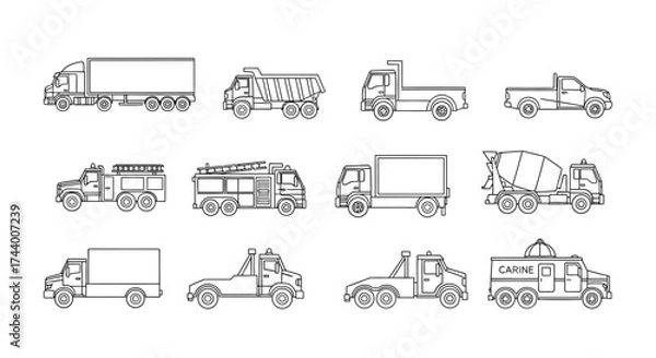Obraz Collection of various truck types hand drawn sketch style transport vehicles for logistics and delivery vector
