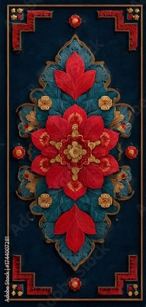 Obraz A blue and red piece of art with gold accents