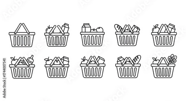 Obraz Set of ten hand drawn grocery baskets filled with fresh food items for shopping and healthy eating icons vector