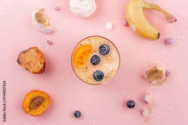 Fototapeta A creamy blend of apricot, banana, and blueberry with milk set against a pastel pink backdrop. Overhead view. Contemporary and sleek summer theme.