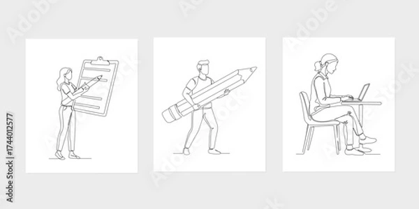 Fototapeta Minimal one line drawing of people creating and working concept illustration set