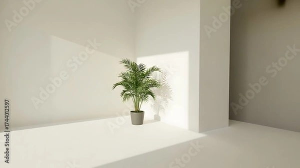Fototapeta Green plant in a pot in a bright white room corner with sunlight