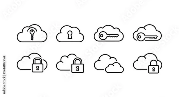 Fototapeta Cloud security icons set featuring locks and keys for data protection and access control vector