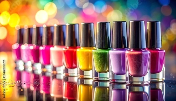 Fototapeta Colorful Nail Polish Bottles Lined Up Displayed Artfully.