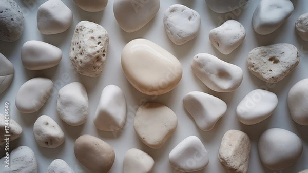 Fototapeta Pile of smooth white pebbles on white background, top view