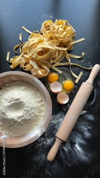 Fototapeta Homemade pasta preparation with flour, eggs, and rolling pin