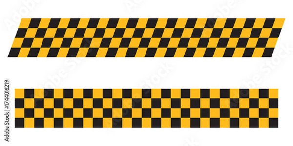 Obraz Taxi ribbon patterns in straight and diagonal arrangement isolated on white background. Black and orange checkered textures. Vector flat illustration