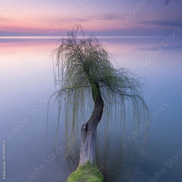 Fototapeta Willow tree in the water at sunset with a colorful sky