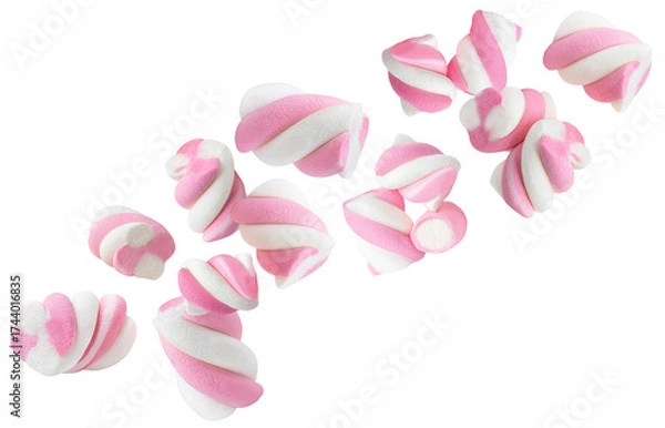 Fototapeta Flying Marshmallow candies isolated on white. High-Quality Levitating Marshmallows. Twisted colorful marshmallow Explosion. Top view. Flat lay. 