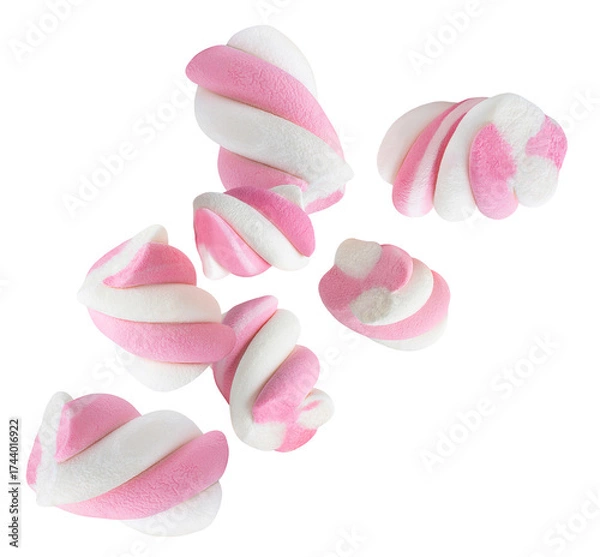 Fototapeta Flying Marshmallow candies isolated on white. High-Quality Levitating Marshmallows. Twisted colorful marshmallow Explosion. Top view. Flat lay. 