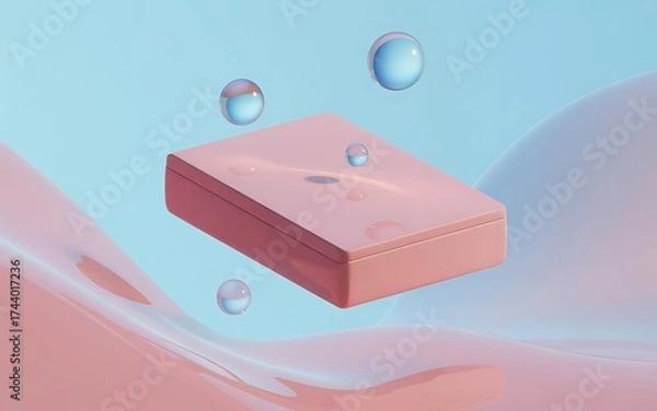 Fototapeta Pink cosmetic case with bubbles floating around on abstract background