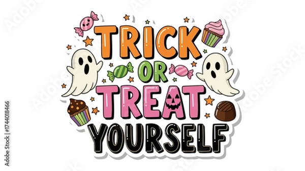 Obraz Spooky Halloween: Trick or Treat Yourself : A spooky illustration with candy, ghost and cupcake elements for Halloween festival