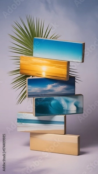 Fototapeta Stacked wooden blocks with beach scenes and a palm leaf