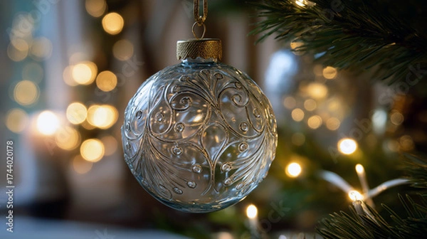 Fototapeta A beautifully crafted glass Christmas ornament, intricately designed with delicate patterns, hanging from a pine branch. The ornament reflects the warm glow of nearby fairy lights, creating a magical 