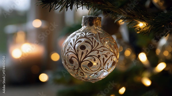 Fototapeta A beautifully crafted glass Christmas ornament, intricately designed with delicate patterns, hanging from a pine branch. The ornament reflects the warm glow of nearby fairy lights, creating a magical 
