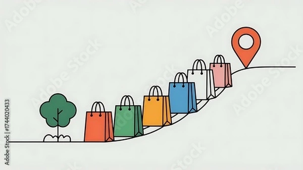 Fototapeta Shopping bags on path to location pin isolated on white background
