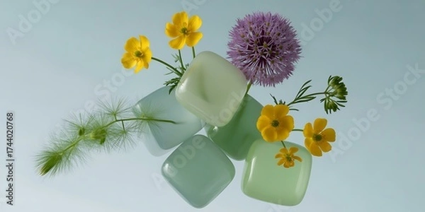 Fototapeta Fresh flowers and ice cubes create a refreshing and cool still life