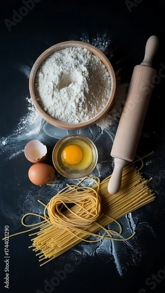 Fototapeta Raw ingredients for pasta making on a dark rustic wooden table