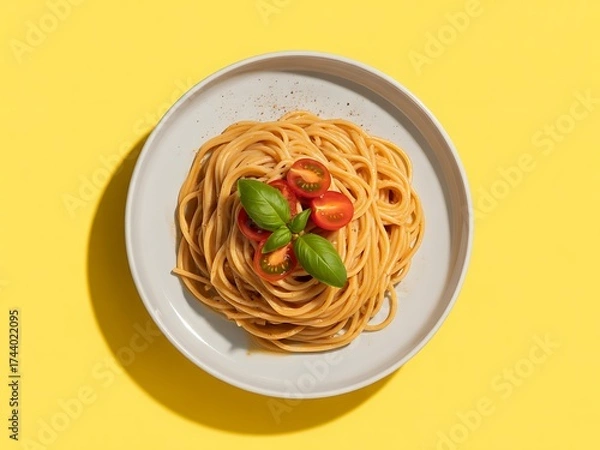 Fototapeta Overhead shot of spaghetti with tomato and basil on yellow background