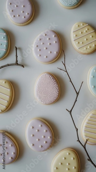 Fototapeta Delicious easter egg cookies with icing and sprinkles on white table