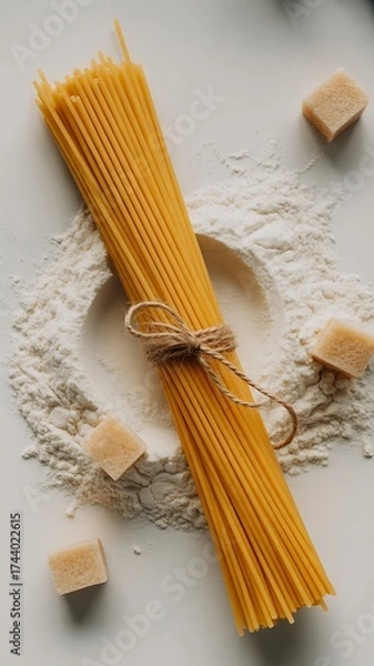 Fototapeta Raw spaghetti, flour and sugar cubes on white background, top view