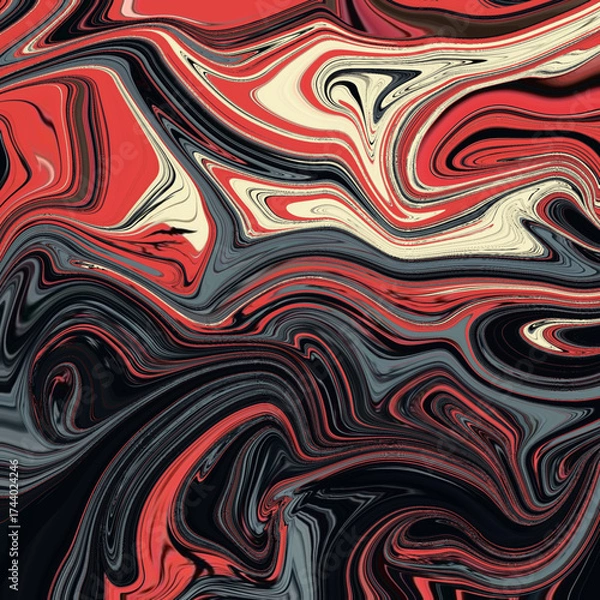 Fototapeta Bold abstract marbled swirl of red, black, and cream tones flowing in dynamic movement. Abstract, swirl, marble, red, texture.