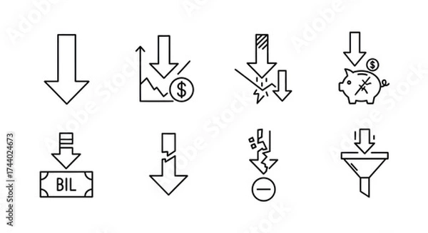 Fototapeta Hand drawn downward trend icons financial decrease symbols representing loss economy business decline vector