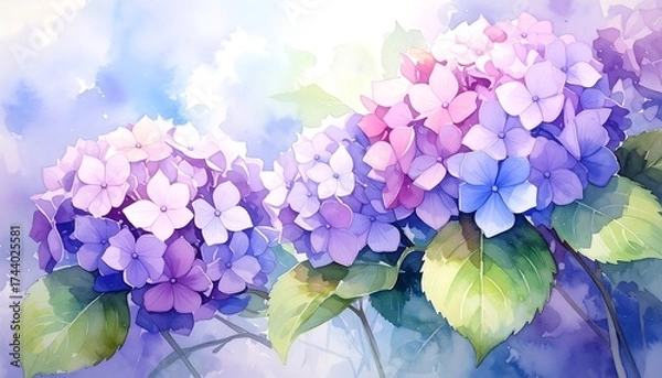 Fototapeta Beautiful Watercolor Hydrangea Flowers in Soft Pastel Colors.