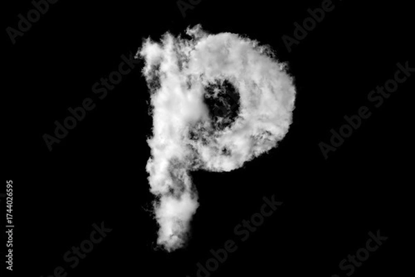 Fototapeta White capital letter P cloud shapes isolated on black background. Cloud alphabet