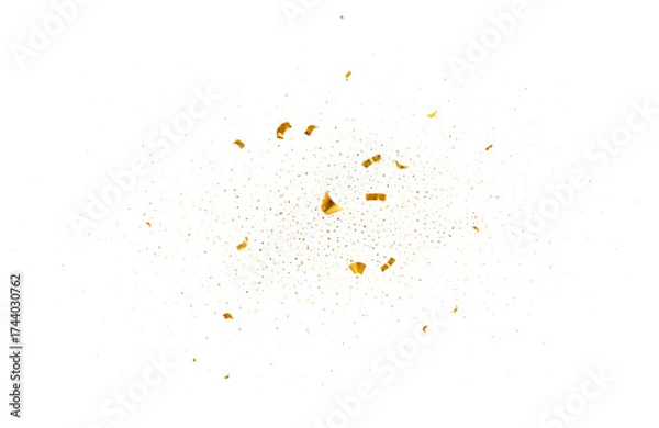 Fototapeta Falling shiny gold confetti. Explosion shimmer particle on carnival party, spray serpentine on holiday event. Bright golden festive tinsel for holiday banner, poster, flyer, invitation. Vector
