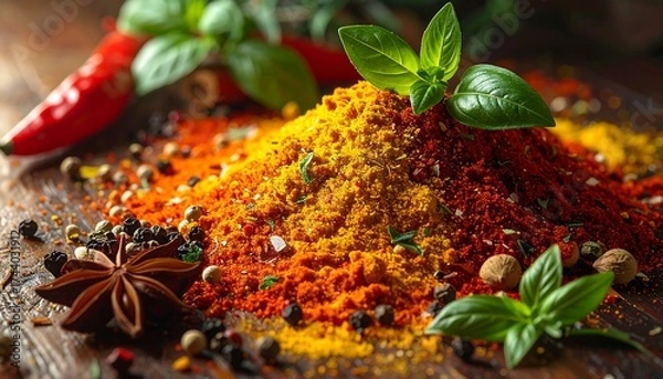 Fototapeta Colorful spices and herbs on wooden surface for cooking.