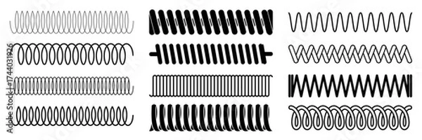 Fototapeta seamless spring coil vector brush stroke for illustrator. Black coil, shock absorber or extension spring shapes collection