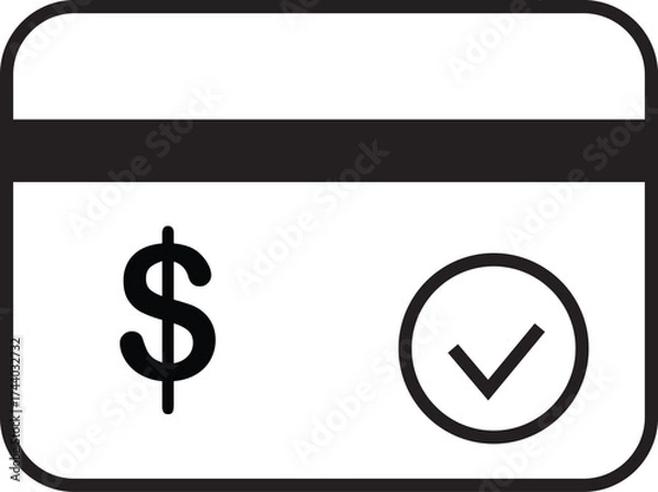 Fototapeta Simple black and white icon representing a credit card with a dollar sign and a checkmark for payment confirmation