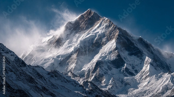 Fototapeta A majestic mountain peak covered in snow and ice with clouds swirling around the summit