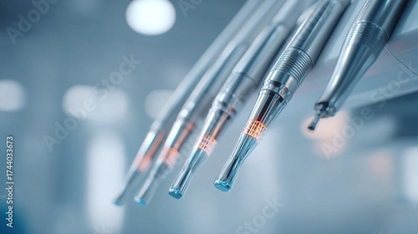 Fototapeta Close up of dental tools in a row with a blue background in a dentist office