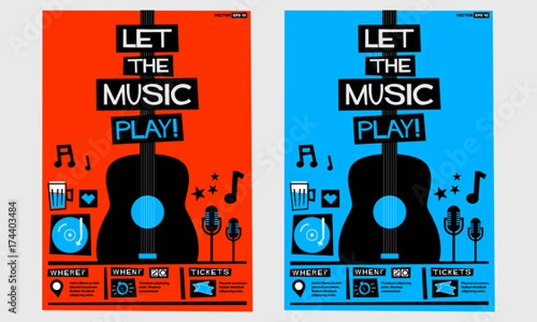 Fototapeta Let The Music Play! (Flat Style Vector Illustration Quote Poster Design) Event Invitation with Venue, Artist, Ticket and Time Details