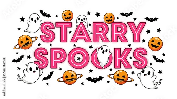 Fototapeta Starry Spooks: A captivating, whimsical Halloween-themed illustration with playful ghosts, grinning jack-o'-lantern planets, and charming bats against a background of twinkling stars.
