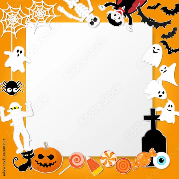 Fototapeta Happy halloween characters in cartoon style with pumpkin, dracula, skeleton, mummy, zombie, black cat, bat, ghost and elements on orange copy space background, Vector illustration.