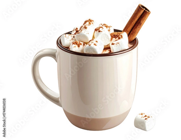 Fototapeta Cozy Autumn Hot Chocolate Mug with Marshmallows and Cinnamon Stick, Front View, isola 