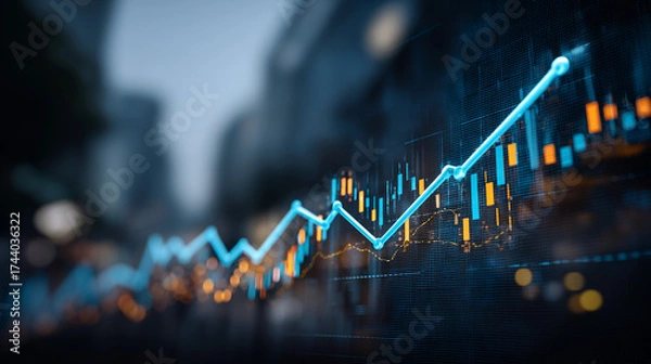 Fototapeta A financial graph showing an upward trend with blue and orange data points visible