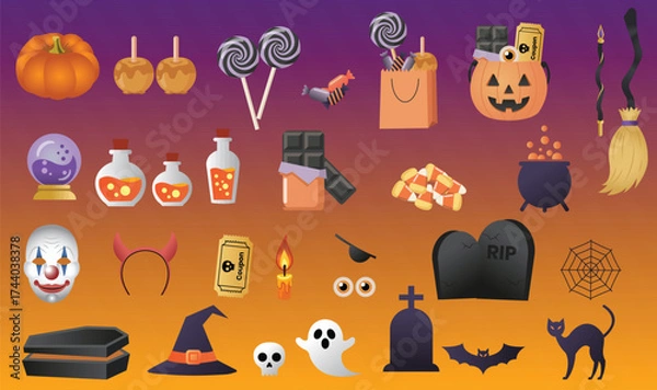 Obraz Halloween vector set with candies pumpkins witch hat cauldron ghost skull bat and spooky decorations on gradient background