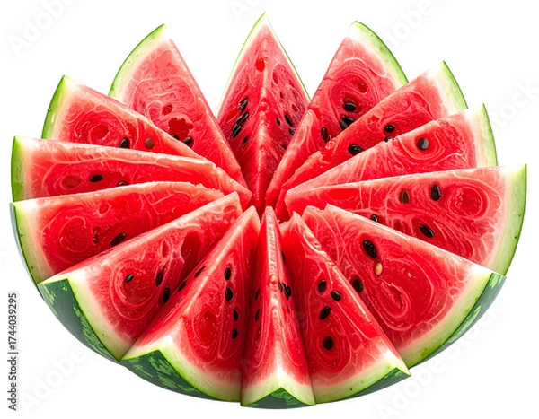 Fototapeta Cut Watermelon with Multiple Slices Arranged in Fan Shape, Juicy Red Texture, Isolate  