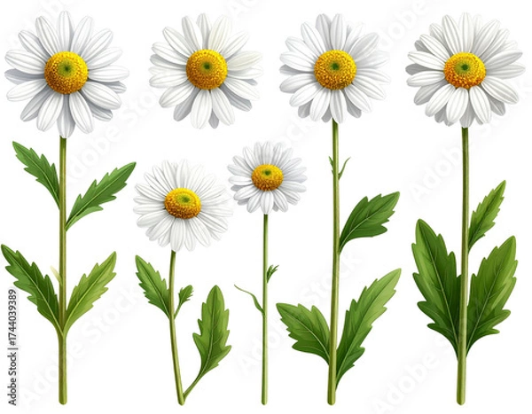 Fototapeta Set of English Daisy Flowers in Various Bloom Stages, Isolated on Transparent Backgro