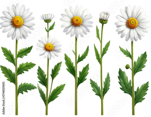 Fototapeta Set of English Daisy Flowers in Various Bloom Stages, Isolated on Transparent Backgro 