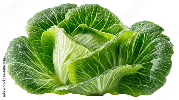 Fototapeta Close up of a fresh green cabbage with water droplets on the leaves isolated on white